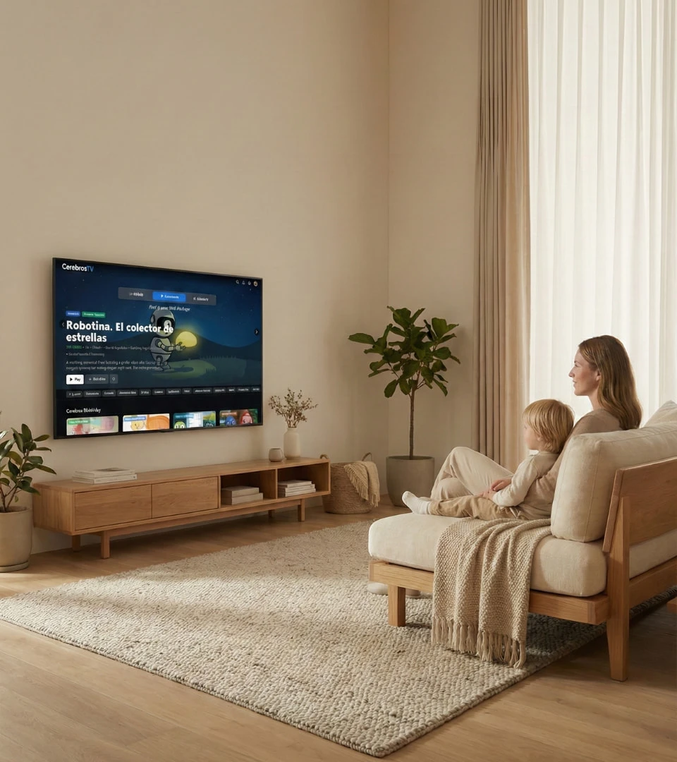 Familia disfrutando tiempo de pantalla consciente con sus hijos, eligiendo contenido con intención usando CerebrosTV